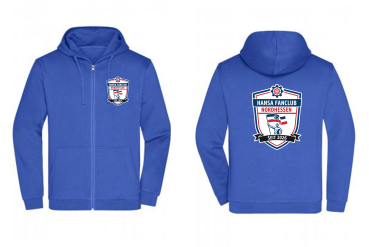 Sweatjacke "Hansa Fanclub Nordhessen" mit Kapuze & Kangurutasche - royalblau - Brustlogo & gr. Rückenlogo